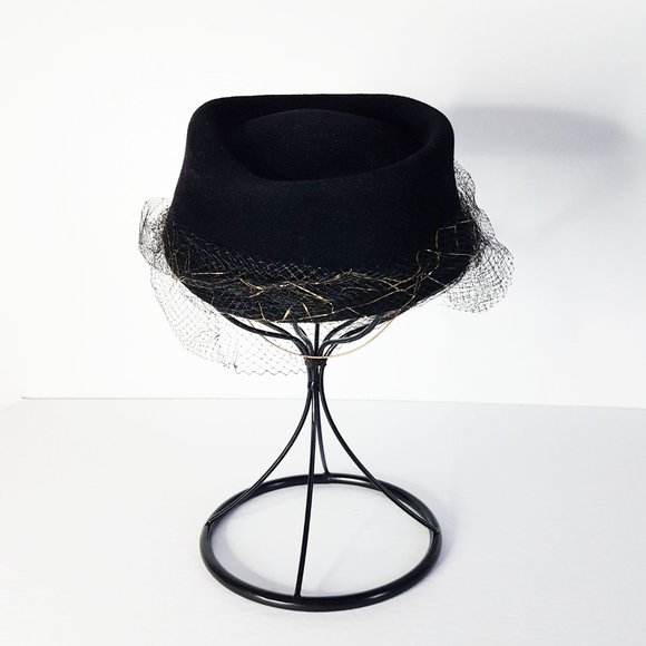 1960s Black Wool Veiled Half Hat, Mid-Century Black Louise Salvail Wool Hat - Picture 5 of 10